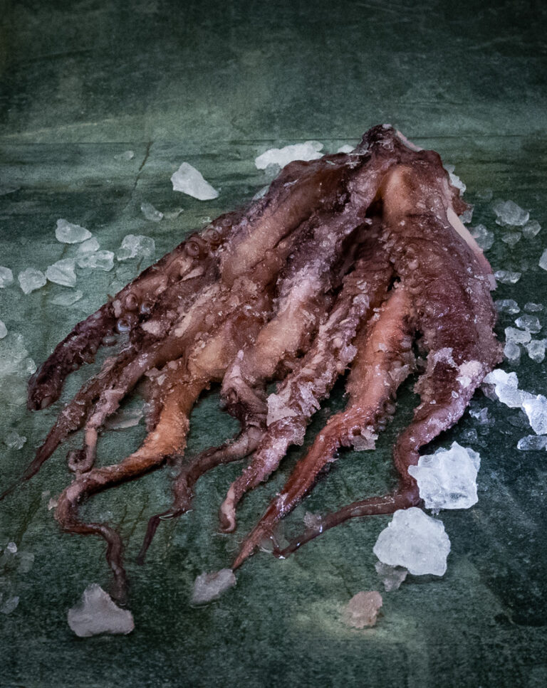 Oktopusarme gegart, appetitlich angerichtet auf einer Schieferplatte für Gezer Kunden.