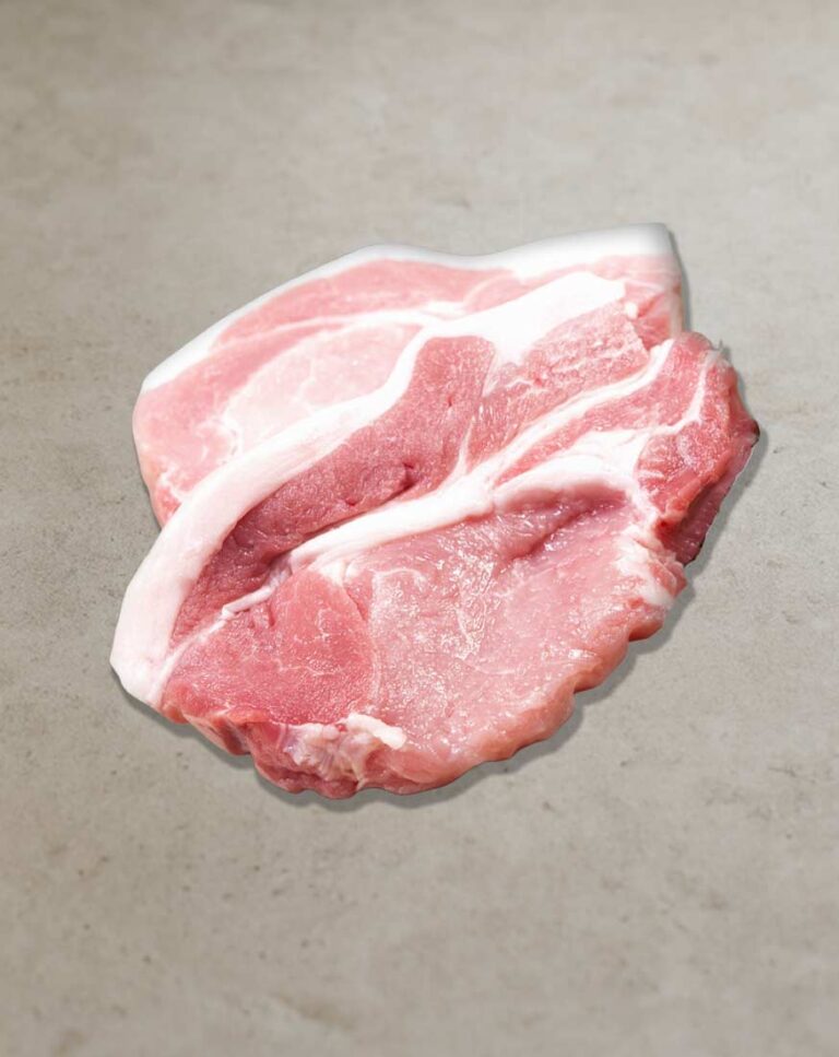 Kachelfleisch vom Landschwein – saftiger, fein marmorierter Schweinefleisch-Cut mit charakteristischer Fettstruktur und zarter Fleischfaser